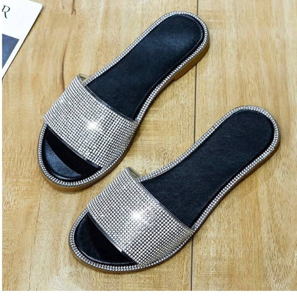 Sparkling Rhinestone Flat Slide Sandals Silver/black 6.5 - Picture 2 of 10